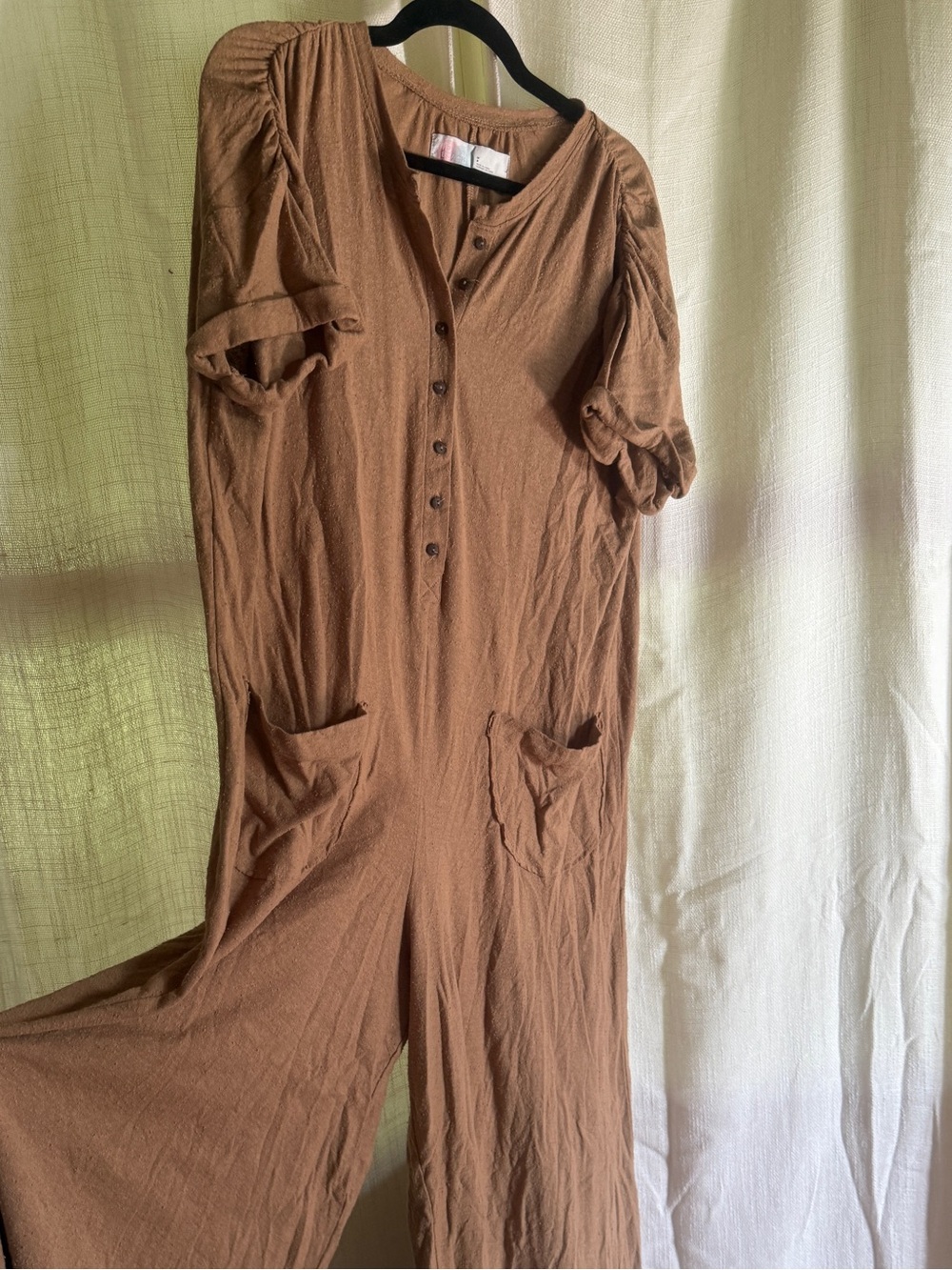 Free People Camel Brown Button-Front Wide-Leg Jumpsuit